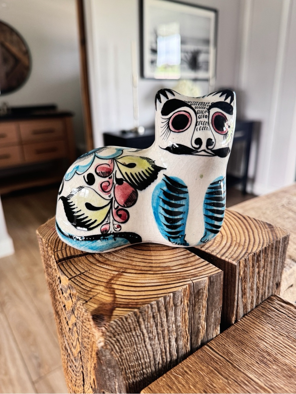 Vintage Crackle Glaze Hand Painted Ceramic Mexican Tonala Cat Folk Art Figurine